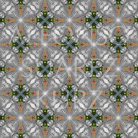 a silver and white pattern with red and green flowers