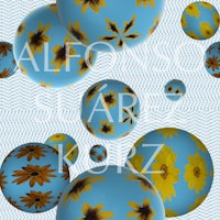 a group of blue and yellow spheres with flowers on them