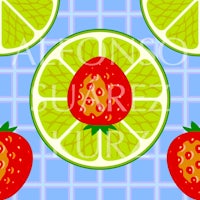a pattern of strawberries and limes on a blue background