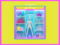 a mannequin in a pink and yellow display case